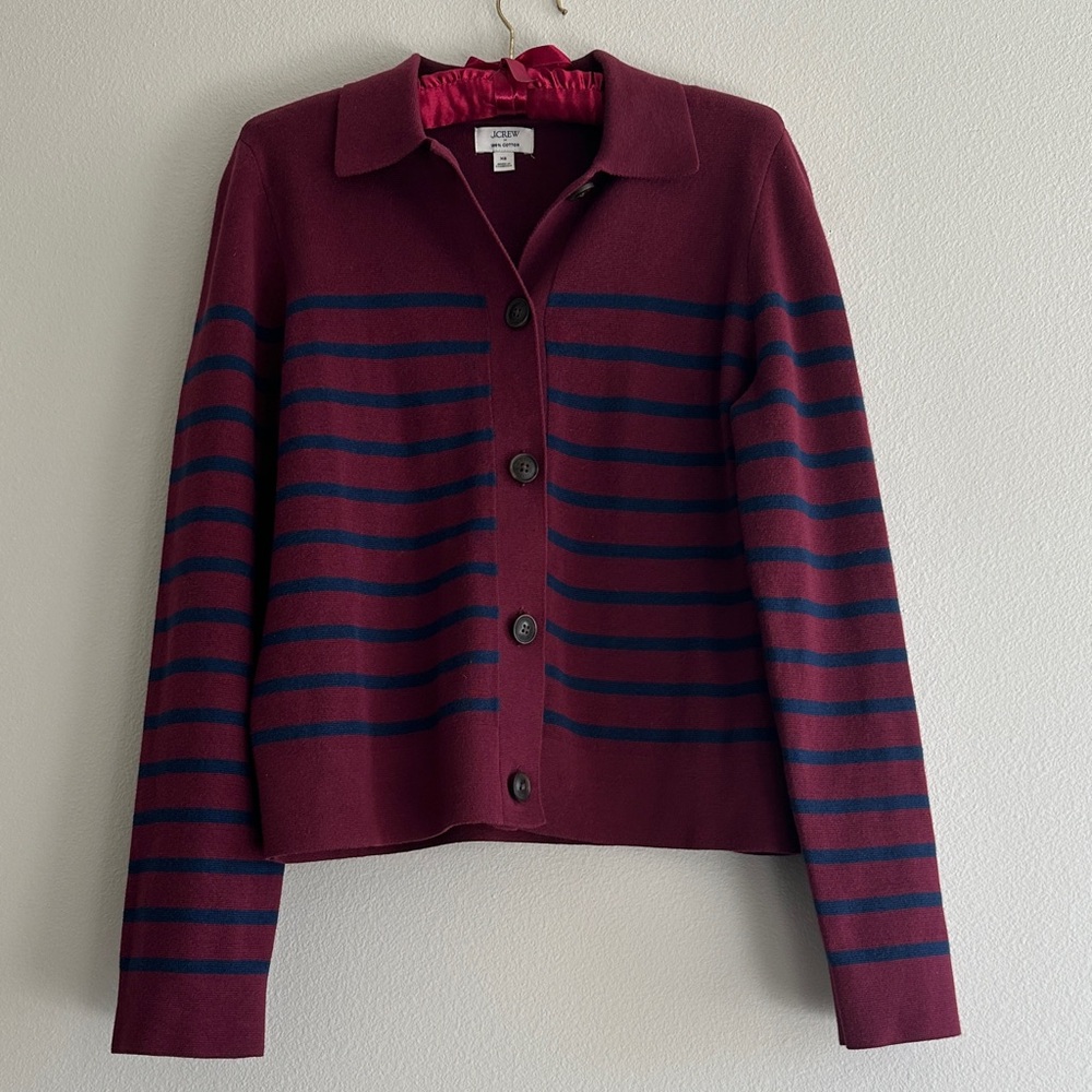 J. Crew Burgundy and Blue Striped Cardigan 100% Cotton.